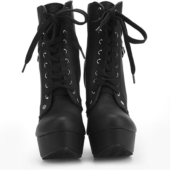 Womens Autumn Lace Up Ankle Buckle High Heel Boots Size 10 Black Platform Boots - Picture 5 of 8